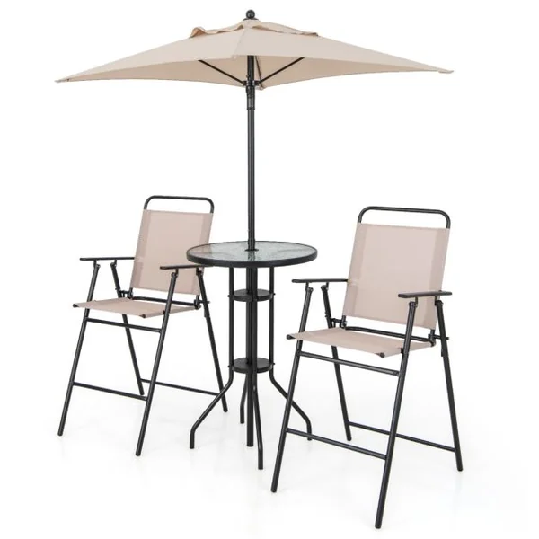 4 PCS Salon de Jardin Parasol 2 Chaises de Jardin Pliantes Table Basse en Verre Trempé Bistro Terrasse Piscine Beige