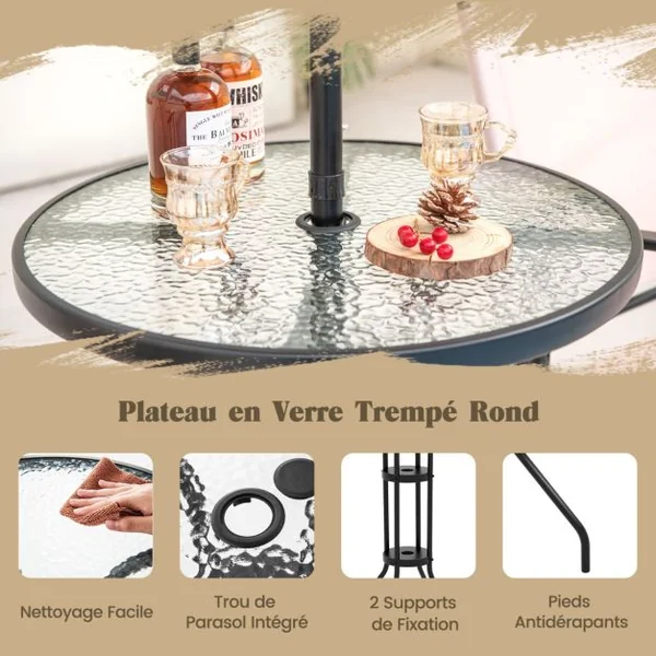 4 PCS Salon de Jardin Parasol 2 Chaises de Jardin Pliantes Table Basse en Verre Trempé Bistro Terrasse Piscine Beige