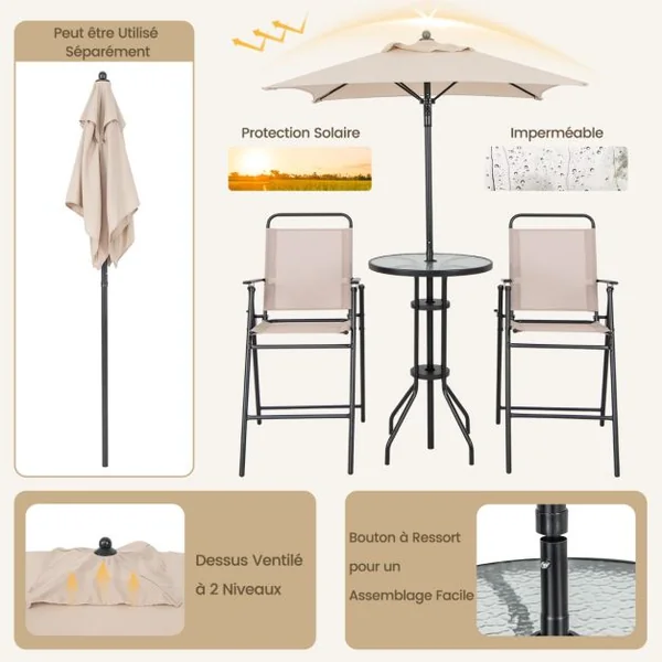 4 PCS Salon de Jardin Parasol 2 Chaises de Jardin Pliantes Table Basse en Verre Trempé Bistro Terrasse Piscine Beige