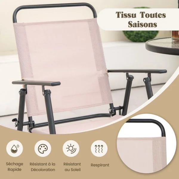4 PCS Salon de Jardin Parasol 2 Chaises de Jardin Pliantes Table Basse en Verre Trempé Bistro Terrasse Piscine Beige