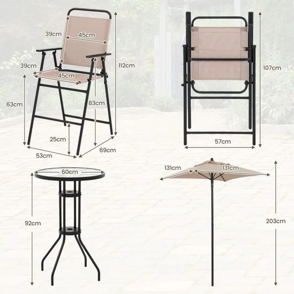 4 PCS Salon de Jardin Parasol 2 Chaises de Jardin Pliantes Table Basse en Verre Trempé Bistro Terrasse Piscine Beige