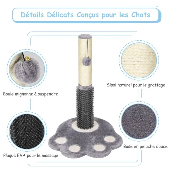 52 CM Poteau Griffoir pour Chat avec Colonne en Sisal Naturel Plaque de Massage Boule Suspendue et Jolie Plate-forme Gris