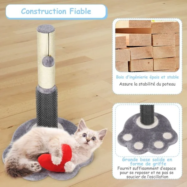 52 CM Poteau Griffoir pour Chat avec Colonne en Sisal Naturel Plaque de Massage Boule Suspendue et Jolie Plate-forme Gris