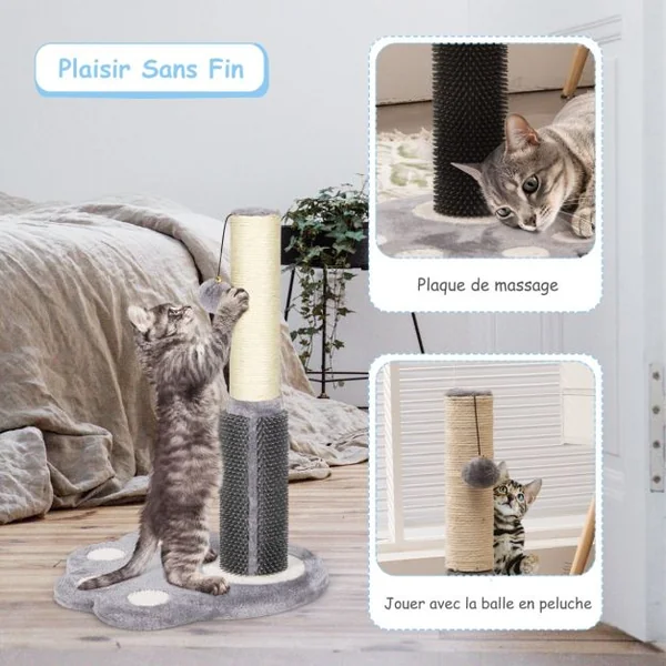 52 CM Poteau Griffoir pour Chat avec Colonne en Sisal Naturel Plaque de Massage Boule Suspendue et Jolie Plate-forme Gris