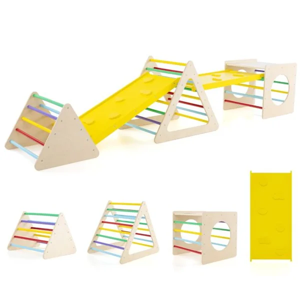 5 en 1 Aire de Jeux d’Escalade Montessori avec 2 Toboggans Réversibles Triangle d'Escalade en Bois Enfants avec Cadre Solide Charge 60kg
