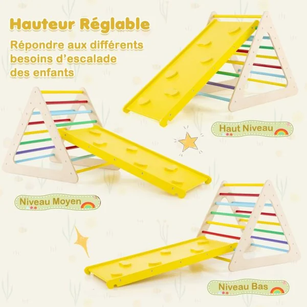 5 en 1 Aire de Jeux d’Escalade Montessori avec 2 Toboggans Réversibles Triangle d'Escalade en Bois Enfants avec Cadre Solide Charge 60kg