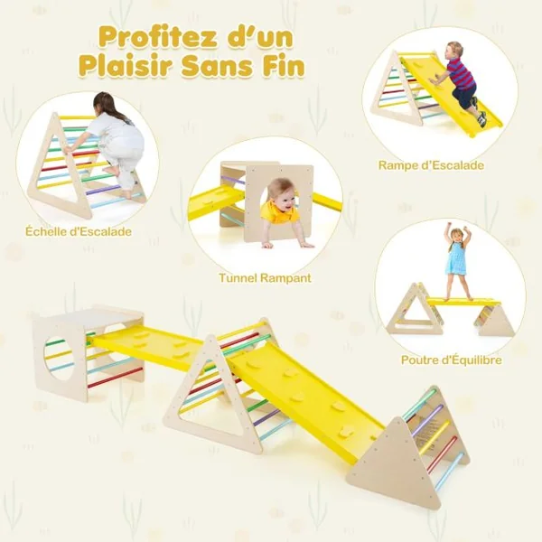 5 en 1 Aire de Jeux d’Escalade Montessori avec 2 Toboggans Réversibles Triangle d'Escalade en Bois Enfants avec Cadre Solide Charge 60kg