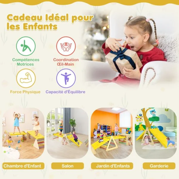 5 en 1 Aire de Jeux d’Escalade Montessori avec 2 Toboggans Réversibles Triangle d'Escalade en Bois Enfants avec Cadre Solide Charge 60kg