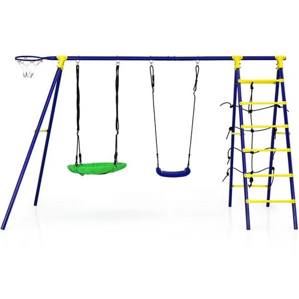 5 en 1 Balançoire Enfants Extérieur avec Panier de Basket Balançoire Nid d'Oiseau Ø66 cm et en U Charge 75kg pour 3-12 Ans