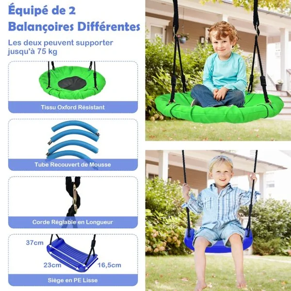 5 en 1 Balançoire Enfants Extérieur avec Panier de Basket Balançoire Nid d'Oiseau Ø66 cm et en U Charge 75kg pour 3-12 Ans