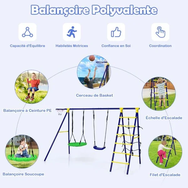 5 en 1 Balançoire Enfants Extérieur avec Panier de Basket Balançoire Nid d'Oiseau Ø66 cm et en U Charge 75kg pour 3-12 Ans