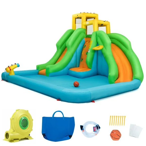 5 en 1 Château Gonflable Enfants avec Toboggan Double Parc Aquatique Gonflable Charge 159kg pour 3 Enfants de 3-10 Ans avec Ventilateur
