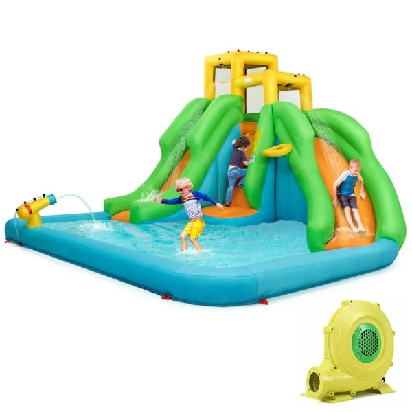 5 en 1 Château Gonflable Enfants avec Toboggan Double Parc Aquatique Gonflable Charge 159kg pour 3 Enfants de 3-10 Ans avec Ventilateur
