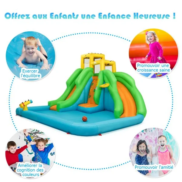 5 en 1 Château Gonflable Enfants avec Toboggan Double Parc Aquatique Gonflable Charge 159kg pour 3 Enfants de 3-10 Ans avec Ventilateur