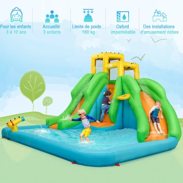 5 en 1 Château Gonflable Enfants avec Toboggan Double Parc Aquatique Gonflable Charge 159kg pour 3 Enfants de 3-10 Ans sans Ventilateur