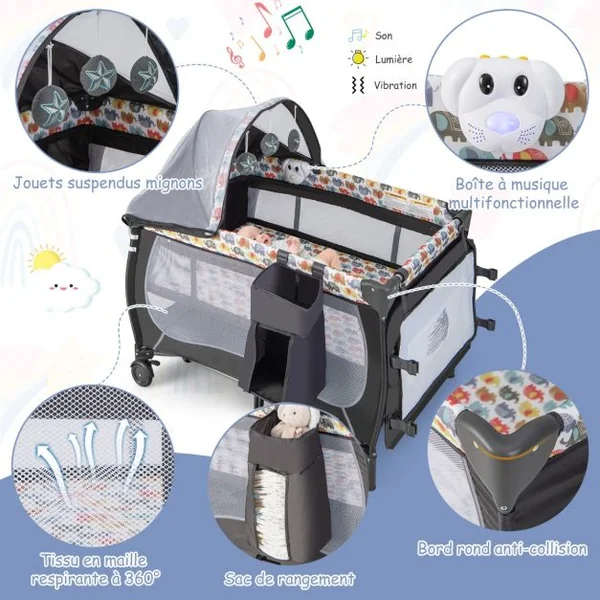 5 en 1 Lit Parapluie Bébé avec Matelas & Moustiquaire Lit Bébé Evolutif avec Table à Langer Sac de Transport Charge 9kg pour 0-36 Mois Coloré