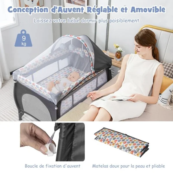 5 en 1 Lit Parapluie Bébé avec Matelas & Moustiquaire Lit Bébé Evolutif avec Table à Langer Sac de Transport Charge 9kg pour 0-36 Mois Coloré