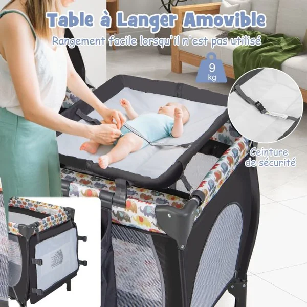 5 en 1 Lit Parapluie Bébé avec Matelas & Moustiquaire Lit Bébé Evolutif avec Table à Langer Sac de Transport Charge 9kg pour 0-36 Mois Coloré