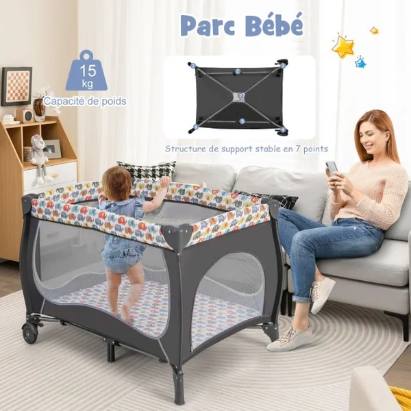 5 en 1 Lit Parapluie Bébé avec Matelas & Moustiquaire Lit Bébé Evolutif avec Table à Langer Sac de Transport Charge 9kg pour 0-36 Mois Coloré