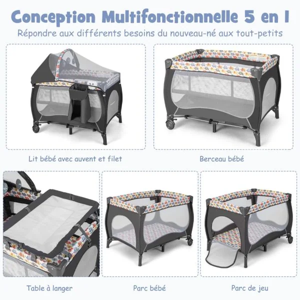 5 en 1 Lit Parapluie Bébé avec Matelas & Moustiquaire Lit Bébé Evolutif avec Table à Langer Sac de Transport Charge 9kg pour 0-36 Mois Coloré