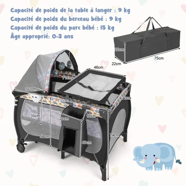 5 en 1 Lit Parapluie Bébé avec Matelas & Moustiquaire Lit Bébé Evolutif avec Table à Langer Sac de Transport Charge 9kg pour 0-36 Mois Coloré