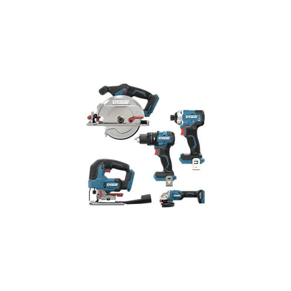 5 outils électroportatifs sans fil Erbauer 18V + 2 batteries 4Ah incluses (perceuse, meuleuse, visseuse à choc, scie circulaire, scie sauteuse)