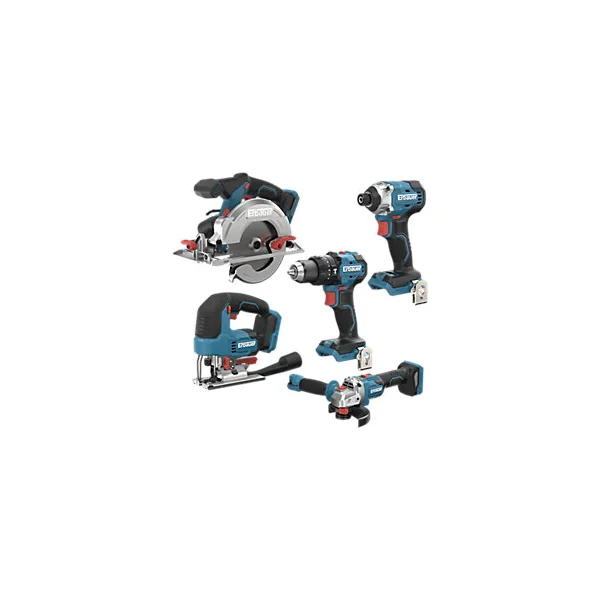 5 outils électroportatifs sans fil Erbauer 18V + 2 batteries 4Ah incluses (perceuse, meuleuse, visseuse à choc, scie circulaire, scie sauteuse)