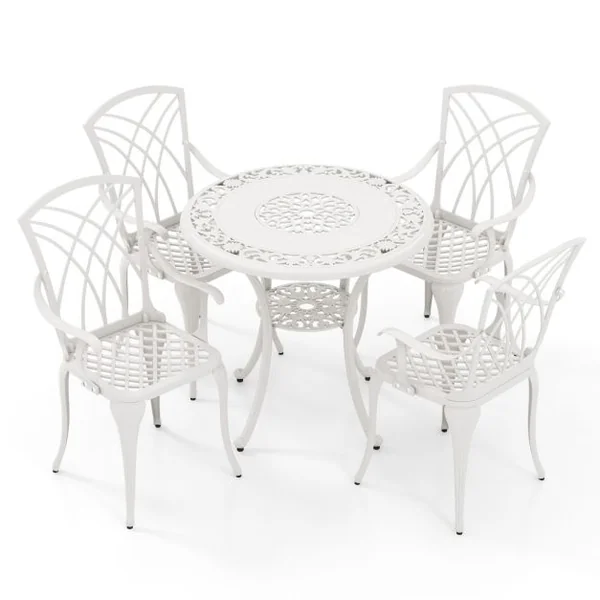 5 Pcs Salon de Jardin en Fonte d'Aluminium Trou pour Parasol Repose-pieds Réglables Ensemble de Table Ronde et 4 Chaises Blanc