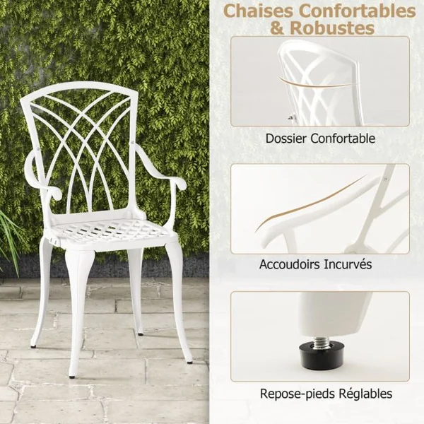 5 Pcs Salon de Jardin en Fonte d'Aluminium Trou pour Parasol Repose-pieds Réglables Ensemble de Table Ronde et 4 Chaises Blanc