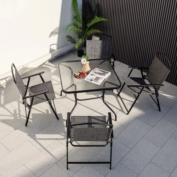 5 PCS Salon de Jardin Métal et Textilène 4 Chaises de Jardin Pliables Table Carrée en Verre Trempé Trou pour parasol Gris Noir