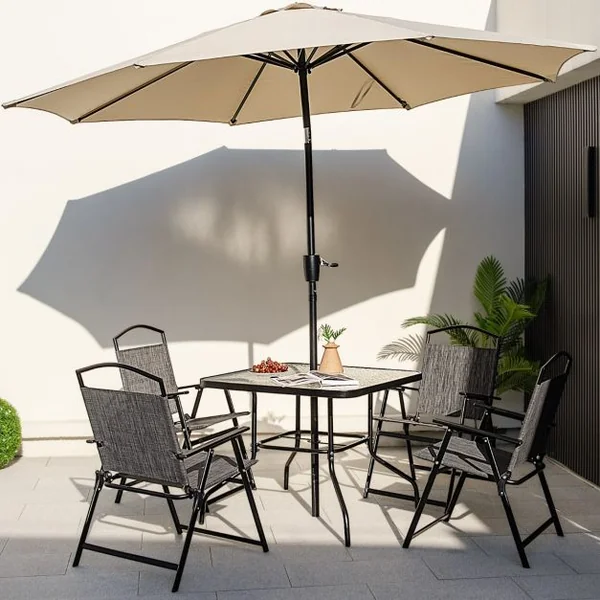 5 PCS Salon de Jardin Métal et Textilène 4 Chaises de Jardin Pliables Table Carrée en Verre Trempé Trou pour parasol Gris Noir