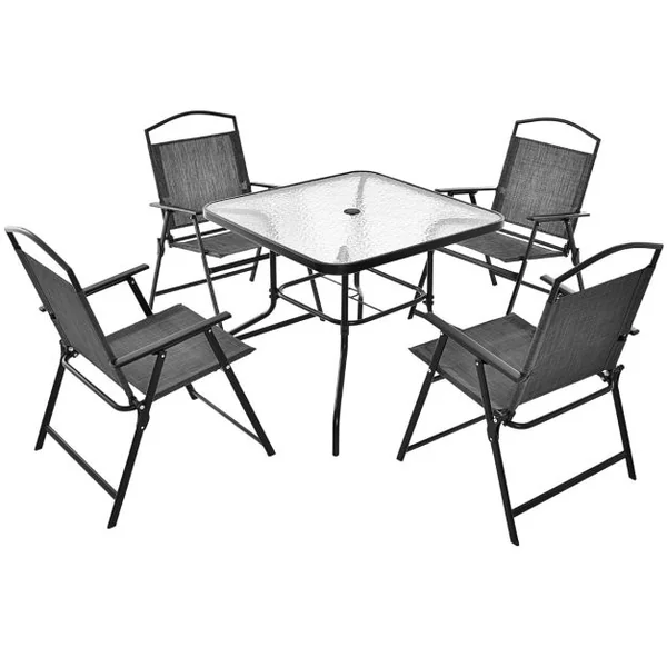 5 PCS Salon de Jardin Métal et Textilène 4 Chaises de Jardin Pliables Table Carrée en Verre Trempé Trou pour parasol Gris Noir