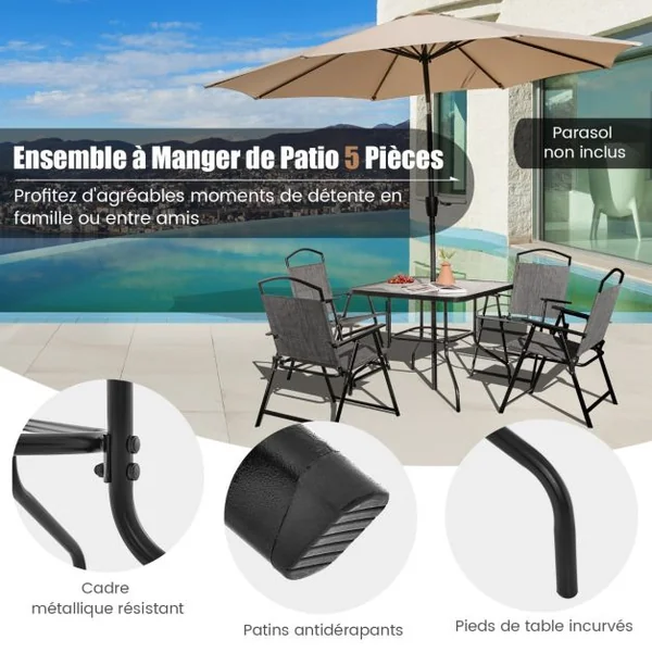 5 PCS Salon de Jardin Métal et Textilène 4 Chaises de Jardin Pliables Table Carrée en Verre Trempé Trou pour parasol Gris Noir
