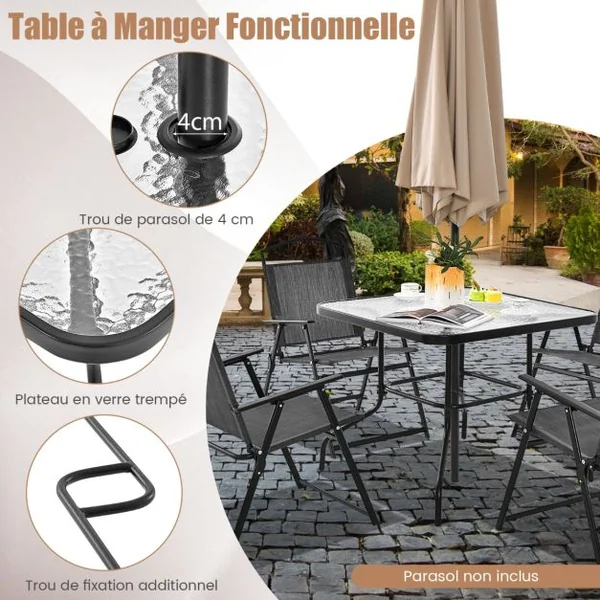 5 PCS Salon de Jardin Métal et Textilène 4 Chaises de Jardin Pliables Table Carrée en Verre Trempé Trou pour parasol Gris Noir