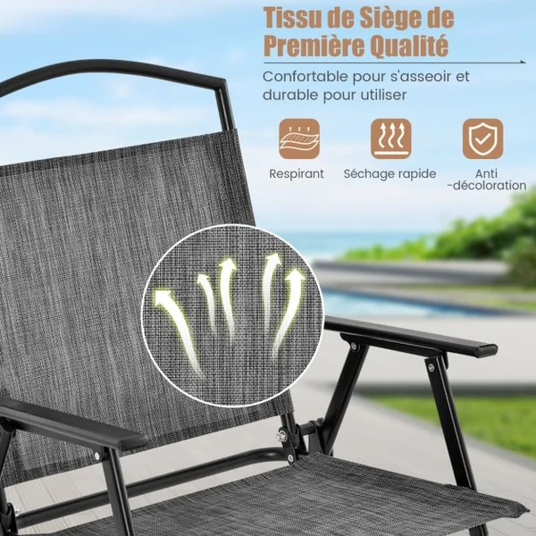 5 PCS Salon de Jardin Métal et Textilène 4 Chaises de Jardin Pliables Table Carrée en Verre Trempé Trou pour parasol Gris Noir