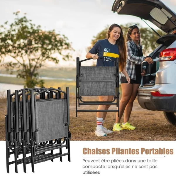 5 PCS Salon de Jardin Métal et Textilène 4 Chaises de Jardin Pliables Table Carrée en Verre Trempé Trou pour parasol Gris Noir
