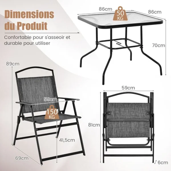 5 PCS Salon de Jardin Métal et Textilène 4 Chaises de Jardin Pliables Table Carrée en Verre Trempé Trou pour parasol Gris Noir