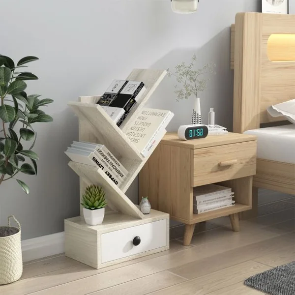 60 CM Bibliothèque en Forme d'Arbre 5 Niveaux avec Tiroir Mini Étagères de Rangement pour Bureau Salon et Chambre Marron/Beige