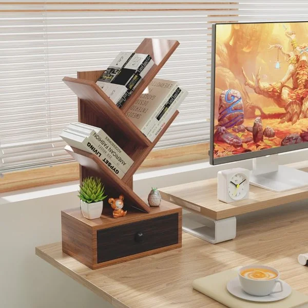 60 CM Bibliothèque en Forme d'Arbre 5 Niveaux avec Tiroir Mini Étagères de Rangement pour Bureau Salon et Chambre Marron/Beige