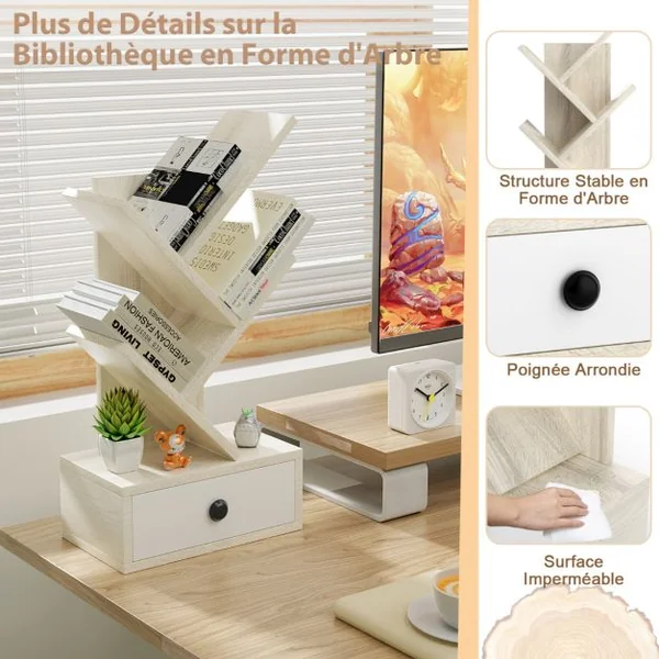 60 CM Bibliothèque en Forme d'Arbre 5 Niveaux avec Tiroir Mini Étagères de Rangement pour Bureau Salon et Chambre Marron/Beige
