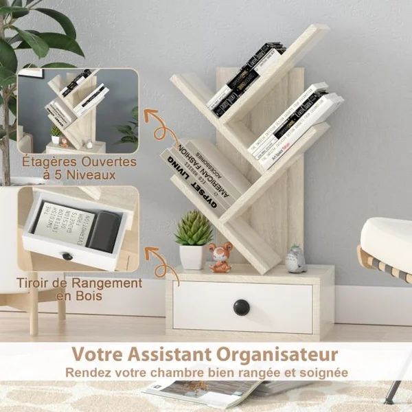 60 CM Bibliothèque en Forme d'Arbre 5 Niveaux avec Tiroir Mini Étagères de Rangement pour Bureau Salon et Chambre Marron/Beige