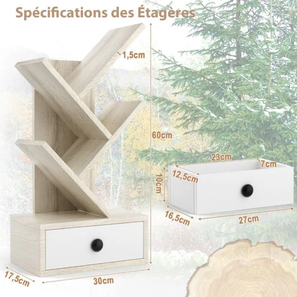 60 CM Bibliothèque en Forme d'Arbre 5 Niveaux avec Tiroir Mini Étagères de Rangement pour Bureau Salon et Chambre Marron/Beige