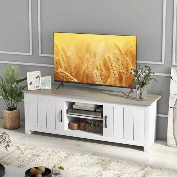 60" Meuble TV avce 4 Compartiments 2 portes 2 Trous de Gestion des Câbles pour Salon 145 x 39,5 x 49,5 cm Gris