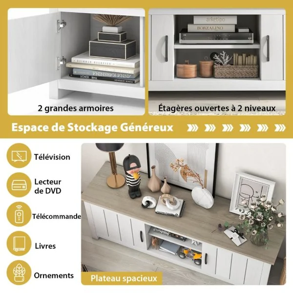 60" Meuble TV avce 4 Compartiments 2 portes 2 Trous de Gestion des Câbles pour Salon 145 x 39,5 x 49,5 cm Gris