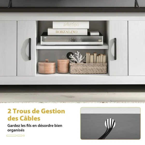 60" Meuble TV avce 4 Compartiments 2 portes 2 Trous de Gestion des Câbles pour Salon Chambre 145 x 39,5 x 49,5 cm Brun