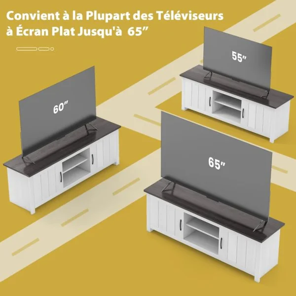 60" Meuble TV avce 4 Compartiments 2 portes 2 Trous de Gestion des Câbles pour Salon Chambre 145 x 39,5 x 49,5 cm Brun