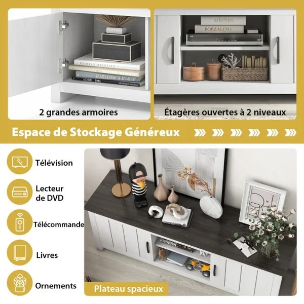 60" Meuble TV avce 4 Compartiments 2 portes 2 Trous de Gestion des Câbles pour Salon Chambre 145 x 39,5 x 49,5 cm Brun