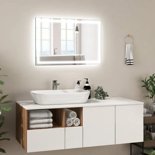 60 x 40 cm Miroir de Salle de Bain 3000-6000k Fonction Mémoire Affichage Temps Température IP44 avec Interrupteur Tactile Argent