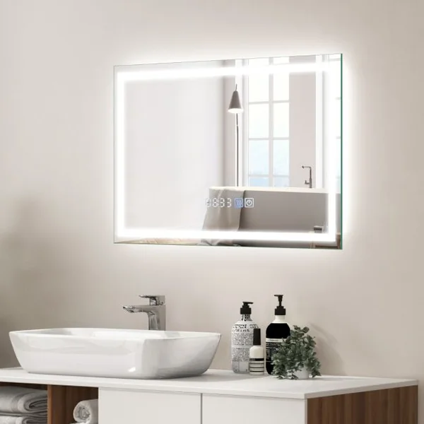 60 x 40 cm Miroir de Salle de Bain 3000-6000k Fonction Mémoire Affichage Temps Température IP44 avec Interrupteur Tactile Argent