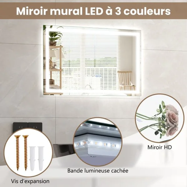 60 x 40 cm Miroir de Salle de Bain 3000-6000k Fonction Mémoire Affichage Temps Température IP44 avec Interrupteur Tactile Argent